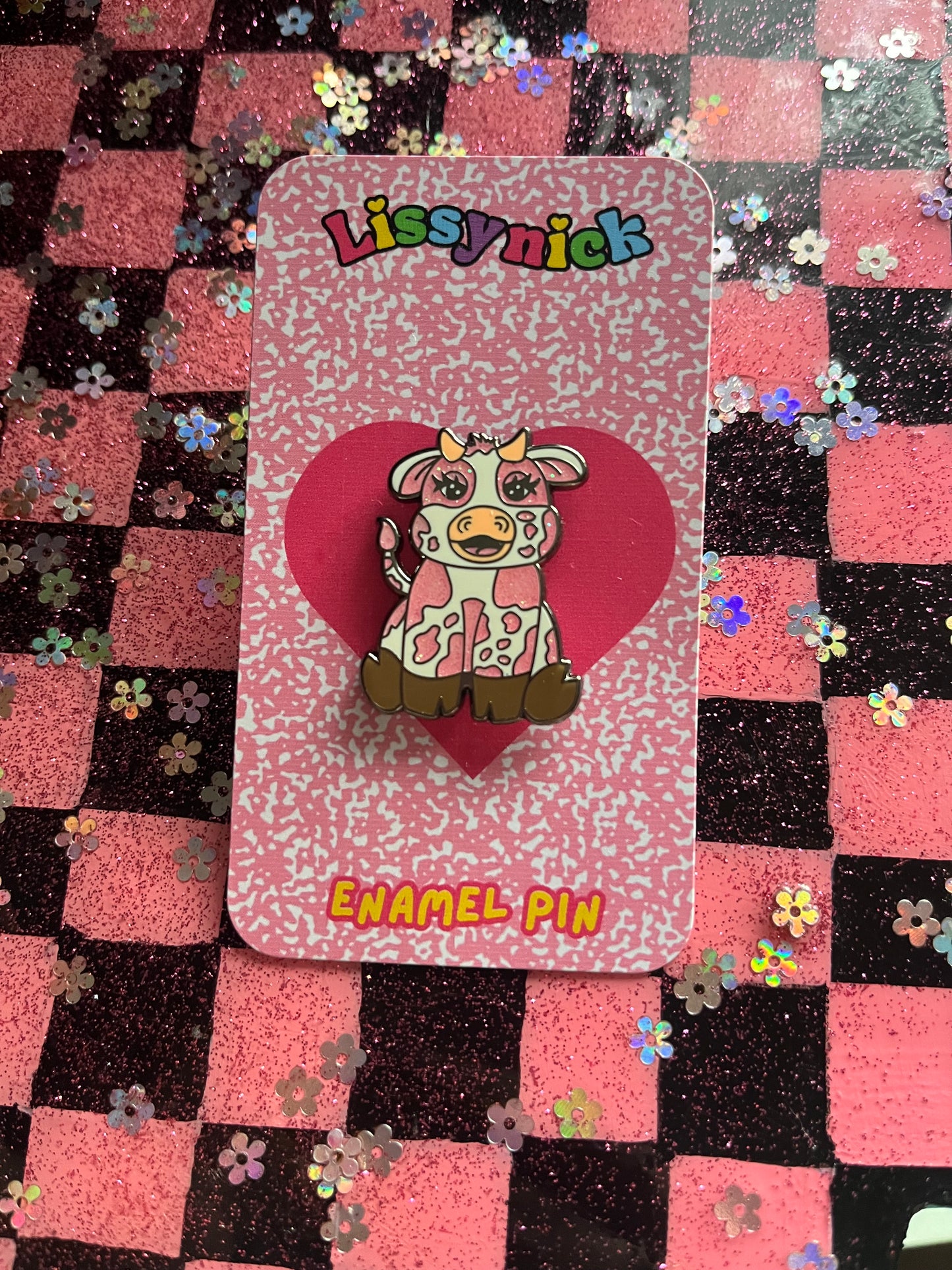 Strawberry Cow Glitter Enamel Pin
