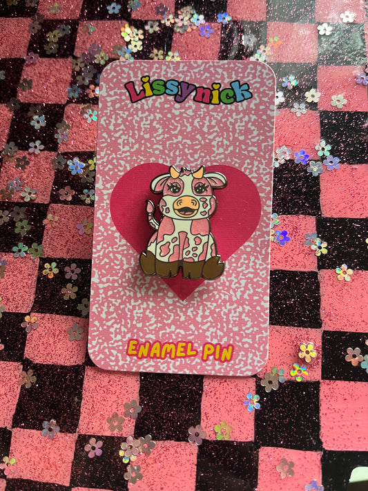 Strawberry Cow Glitter Enamel Pin